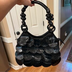 Bueno Vintage Y2K Black leather shoulder bag beaded handles and leather ruffles